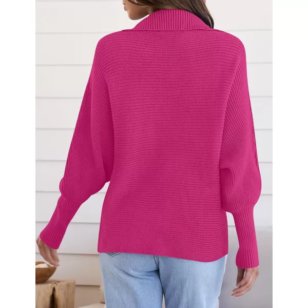 ZESICA Womens 2024 Fall Lapel Collar V Neck Long Sleeve Ribbed Knit Comfy Loose Casual Pullover Sweater Jumper TopRose