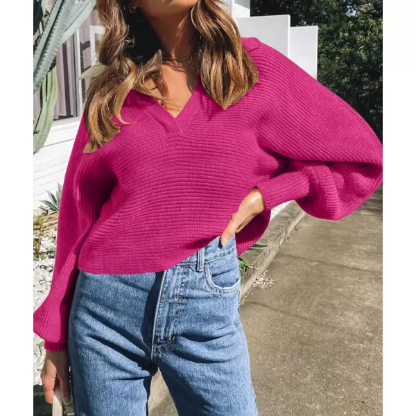 ZESICA Womens 2024 Fall Lapel Collar V Neck Long Sleeve Ribbed Knit Comfy Loose Casual Pullover Sweater Jumper TopRose