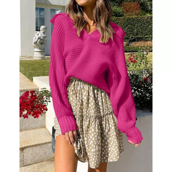 ZESICA Womens 2024 Fall Lapel Collar V Neck Long Sleeve Ribbed Knit Comfy Loose Casual Pullover Sweater Jumper TopRose