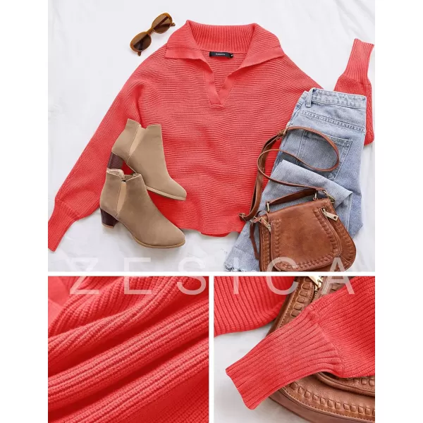 ZESICA Womens 2024 Fall Lapel Collar V Neck Long Sleeve Ribbed Knit Comfy Loose Casual Pullover Sweater Jumper TopWatermelon