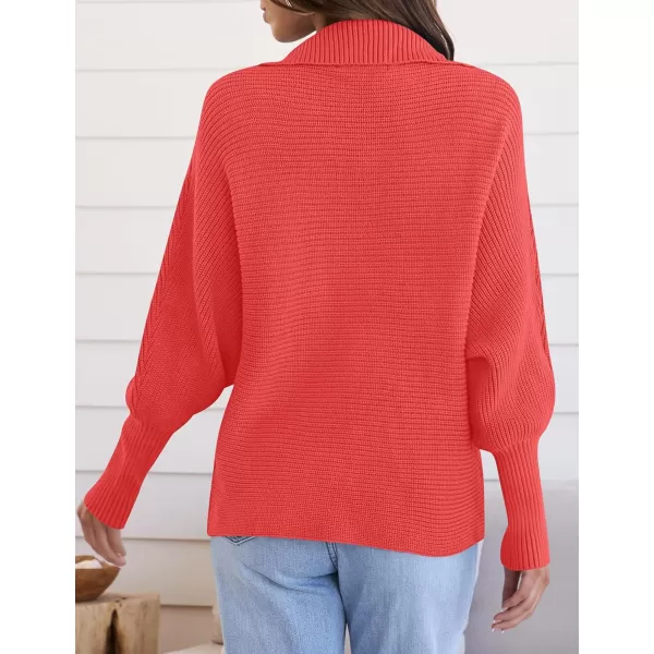 ZESICA Womens 2024 Fall Lapel Collar V Neck Long Sleeve Ribbed Knit Comfy Loose Casual Pullover Sweater Jumper TopWatermelon
