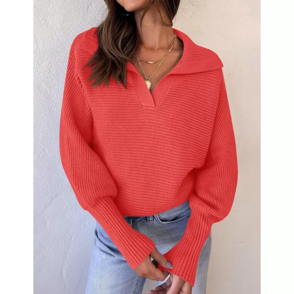 ZESICA Womens 2024 Fall Lapel Collar V Neck Long Sleeve Ribbed Knit Comfy Loose Casual Pullover Sweater Jumper TopWatermelon