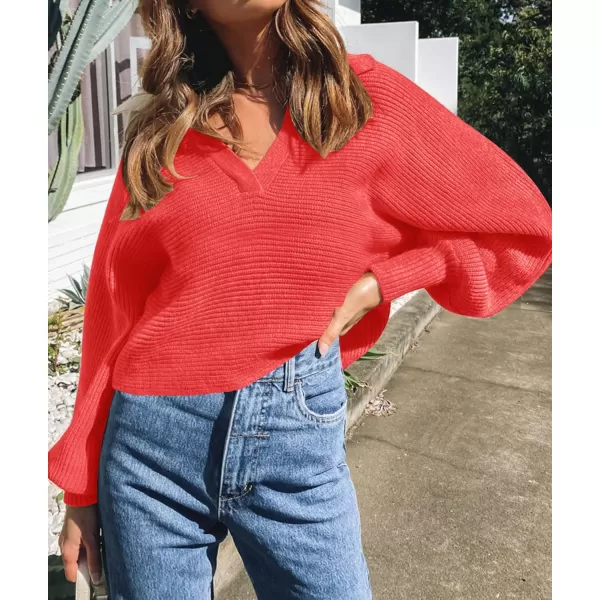 ZESICA Womens 2024 Fall Lapel Collar V Neck Long Sleeve Ribbed Knit Comfy Loose Casual Pullover Sweater Jumper TopWatermelon