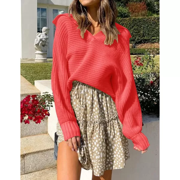 ZESICA Womens 2024 Fall Lapel Collar V Neck Long Sleeve Ribbed Knit Comfy Loose Casual Pullover Sweater Jumper TopWatermelon