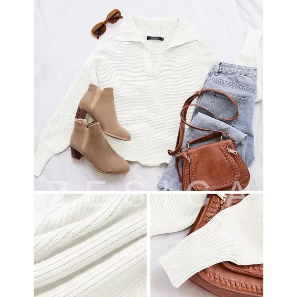 ZESICA Womens 2024 Fall Lapel Collar V Neck Long Sleeve Ribbed Knit Comfy Loose Casual Pullover Sweater Jumper TopWhite