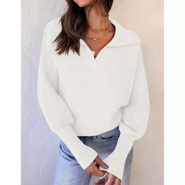 ZESICA Womens 2024 Fall Lapel Collar V Neck Long Sleeve Ribbed Knit Comfy Loose Casual Pullover Sweater Jumper TopWhite