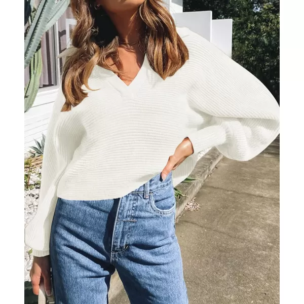 ZESICA Womens 2024 Fall Lapel Collar V Neck Long Sleeve Ribbed Knit Comfy Loose Casual Pullover Sweater Jumper TopWhite