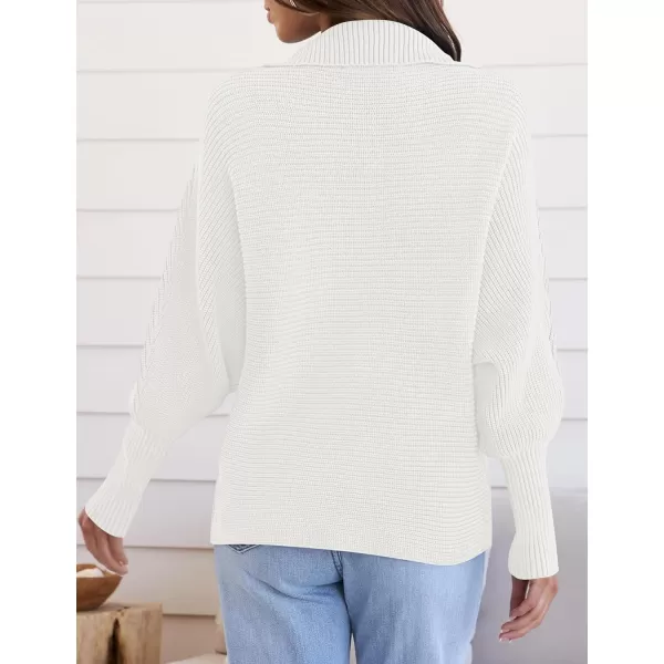 ZESICA Womens 2024 Fall Lapel Collar V Neck Long Sleeve Ribbed Knit Comfy Loose Casual Pullover Sweater Jumper TopWhite