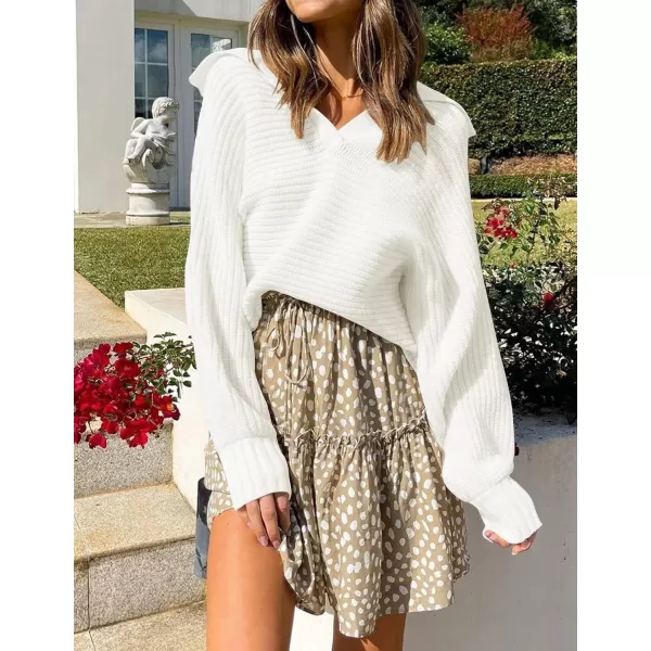 ZESICA Womens 2024 Fall Lapel Collar V Neck Long Sleeve Ribbed Knit Comfy Loose Casual Pullover Sweater Jumper TopWhite
