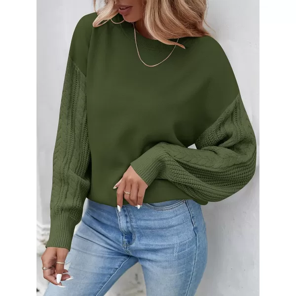 ZESICA Womens 2024 Fall Long Sleeve Crew Neck Solid Color Cable Knit Chunky Casual Oversized Pullover Sweater TopsArmygreen
