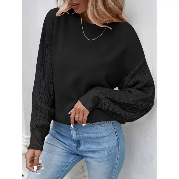 ZESICA Womens 2024 Fall Long Sleeve Crew Neck Solid Color Cable Knit Chunky Casual Oversized Pullover Sweater TopsBlack