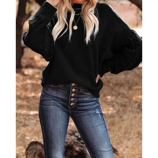 ZESICA Womens 2024 Fall Long Sleeve Crew Neck Solid Color Cable Knit Chunky Casual Oversized Pullover Sweater TopsBlack