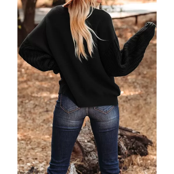 ZESICA Womens 2024 Fall Long Sleeve Crew Neck Solid Color Cable Knit Chunky Casual Oversized Pullover Sweater TopsBlack