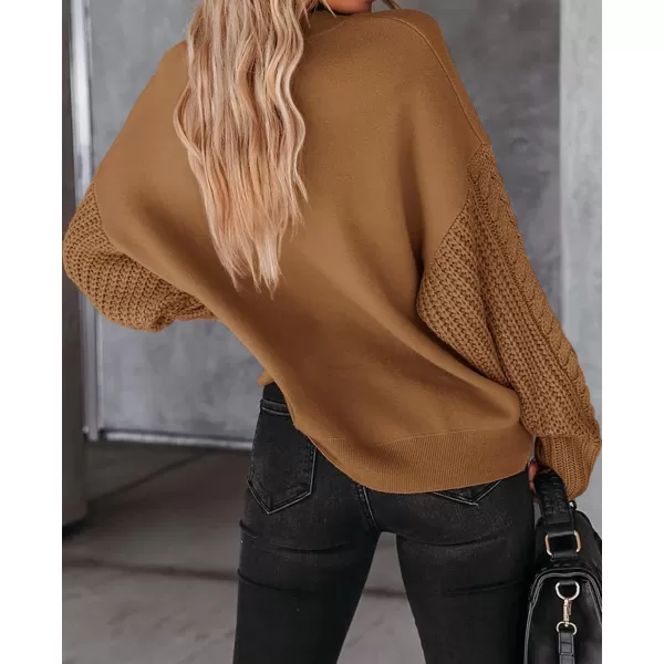 ZESICA Womens 2024 Fall Long Sleeve Crew Neck Solid Color Cable Knit Chunky Casual Oversized Pullover Sweater TopsCamel