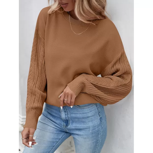 ZESICA Womens 2024 Fall Long Sleeve Crew Neck Solid Color Cable Knit Chunky Casual Oversized Pullover Sweater TopsCamel