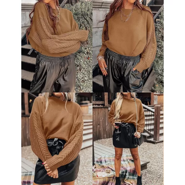 ZESICA Womens 2024 Fall Long Sleeve Crew Neck Solid Color Cable Knit Chunky Casual Oversized Pullover Sweater TopsCamel