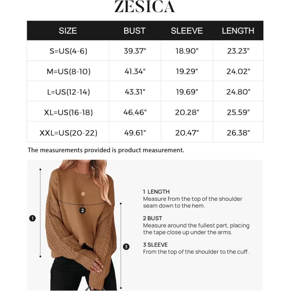 ZESICA Womens 2024 Fall Long Sleeve Crew Neck Solid Color Cable Knit Chunky Casual Oversized Pullover Sweater TopsCamel