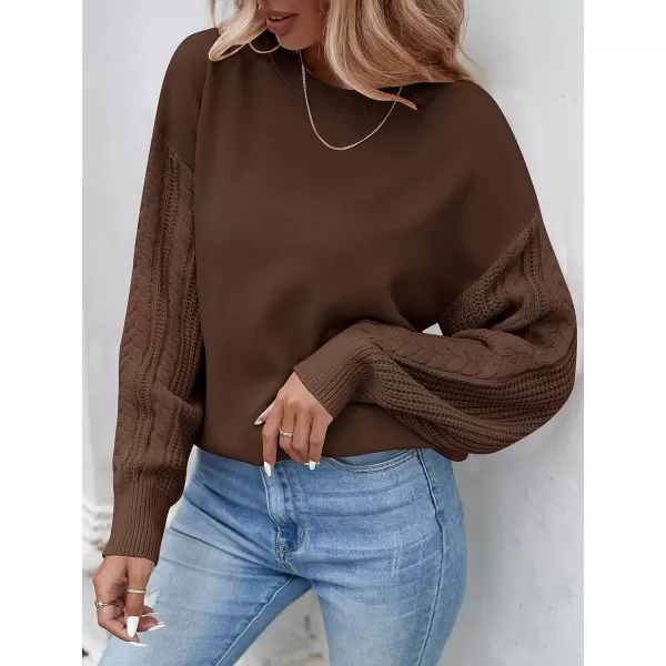 ZESICA Womens 2024 Fall Long Sleeve Crew Neck Solid Color Cable Knit Chunky Casual Oversized Pullover Sweater TopsCoffee
