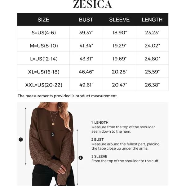 ZESICA Womens 2024 Fall Long Sleeve Crew Neck Solid Color Cable Knit Chunky Casual Oversized Pullover Sweater TopsCoffee