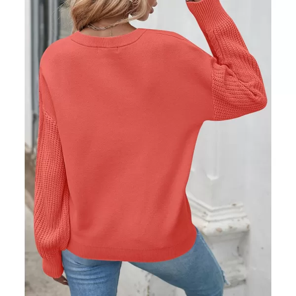 ZESICA Womens 2024 Fall Long Sleeve Crew Neck Solid Color Cable Knit Chunky Casual Oversized Pullover Sweater TopsCoral