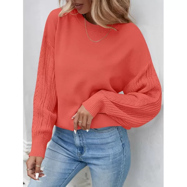 ZESICA Womens 2024 Fall Long Sleeve Crew Neck Solid Color Cable Knit Chunky Casual Oversized Pullover Sweater TopsCoral