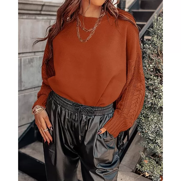 ZESICA Womens 2024 Fall Long Sleeve Crew Neck Solid Color Cable Knit Chunky Casual Oversized Pullover Sweater TopsDeeporange