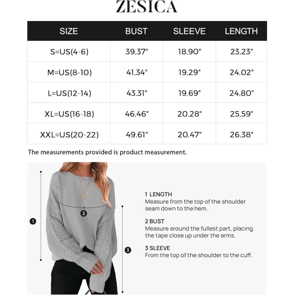ZESICA Womens 2024 Fall Long Sleeve Crew Neck Solid Color Cable Knit Chunky Casual Oversized Pullover Sweater TopsGrey