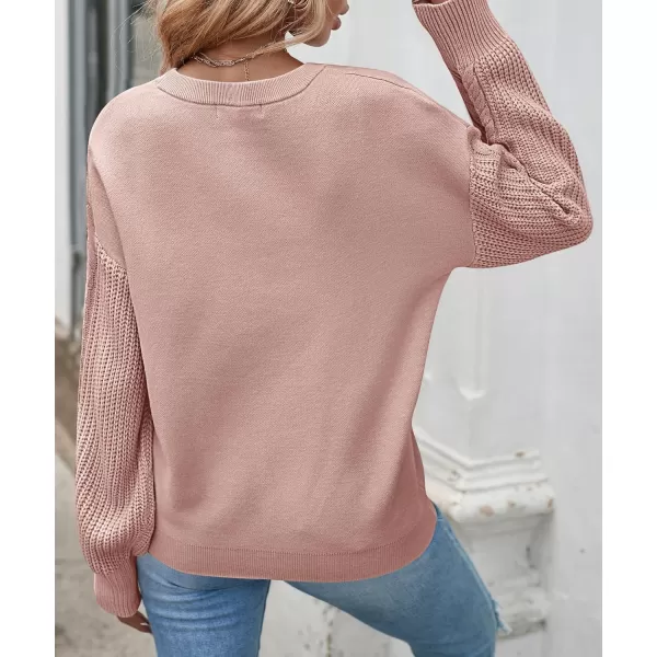 ZESICA Womens 2024 Fall Long Sleeve Crew Neck Solid Color Cable Knit Chunky Casual Oversized Pullover Sweater TopsGreypink