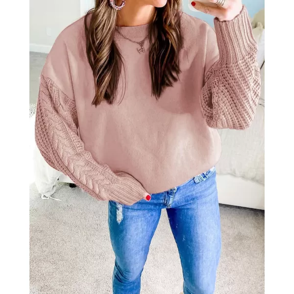 ZESICA Womens 2024 Fall Long Sleeve Crew Neck Solid Color Cable Knit Chunky Casual Oversized Pullover Sweater TopsGreypink