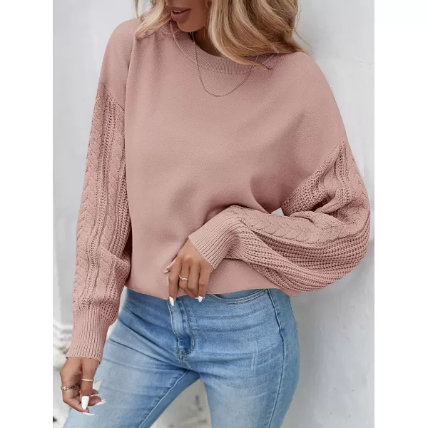 ZESICA Womens 2024 Fall Long Sleeve Crew Neck Solid Color Cable Knit Chunky Casual Oversized Pullover Sweater TopsGreypink