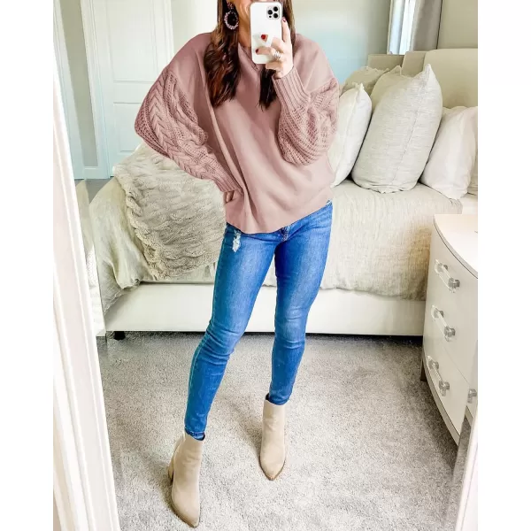 ZESICA Womens 2024 Fall Long Sleeve Crew Neck Solid Color Cable Knit Chunky Casual Oversized Pullover Sweater TopsGreypink