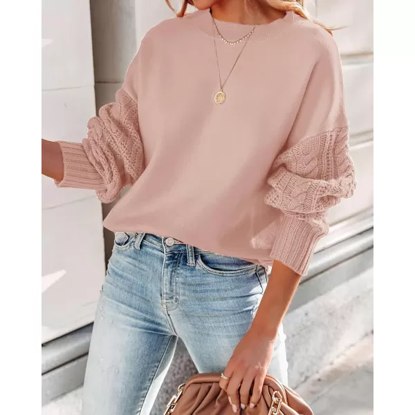 ZESICA Womens 2024 Fall Long Sleeve Crew Neck Solid Color Cable Knit Chunky Casual Oversized Pullover Sweater TopsGreypink