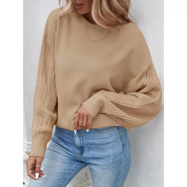 ZESICA Womens 2024 Fall Long Sleeve Crew Neck Solid Color Cable Knit Chunky Casual Oversized Pullover Sweater TopsKhaki