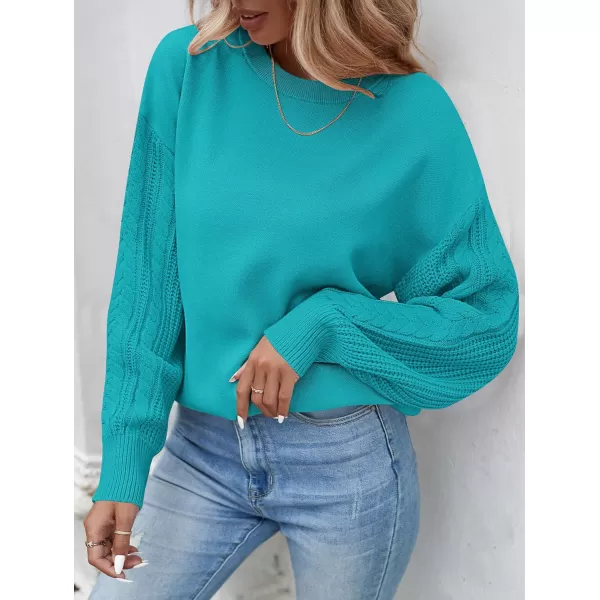 ZESICA Womens 2024 Fall Long Sleeve Crew Neck Solid Color Cable Knit Chunky Casual Oversized Pullover Sweater TopsLakeblue