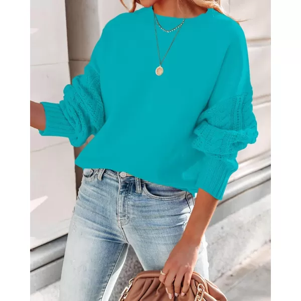 ZESICA Womens 2024 Fall Long Sleeve Crew Neck Solid Color Cable Knit Chunky Casual Oversized Pullover Sweater TopsLakeblue