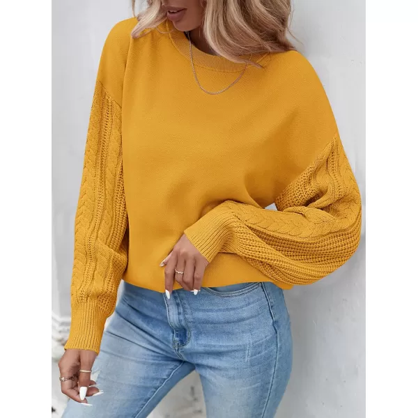ZESICA Womens 2024 Fall Long Sleeve Crew Neck Solid Color Cable Knit Chunky Casual Oversized Pullover Sweater TopsMustard