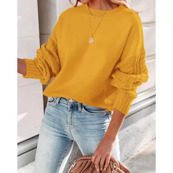 ZESICA Womens 2024 Fall Long Sleeve Crew Neck Solid Color Cable Knit Chunky Casual Oversized Pullover Sweater TopsMustard