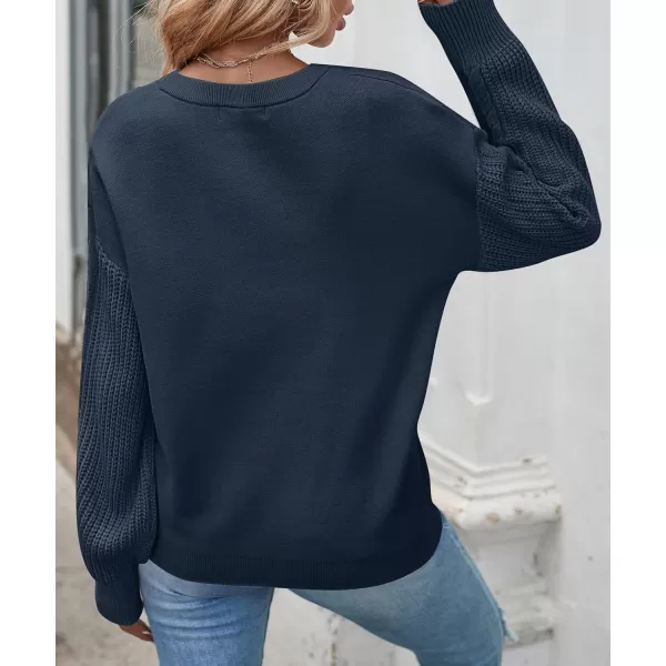 ZESICA Womens 2024 Fall Long Sleeve Crew Neck Solid Color Cable Knit Chunky Casual Oversized Pullover Sweater TopsNavy