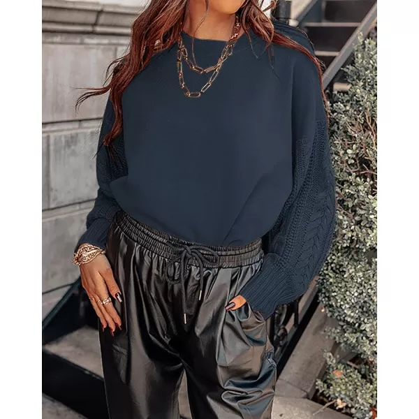 ZESICA Womens 2024 Fall Long Sleeve Crew Neck Solid Color Cable Knit Chunky Casual Oversized Pullover Sweater TopsNavy