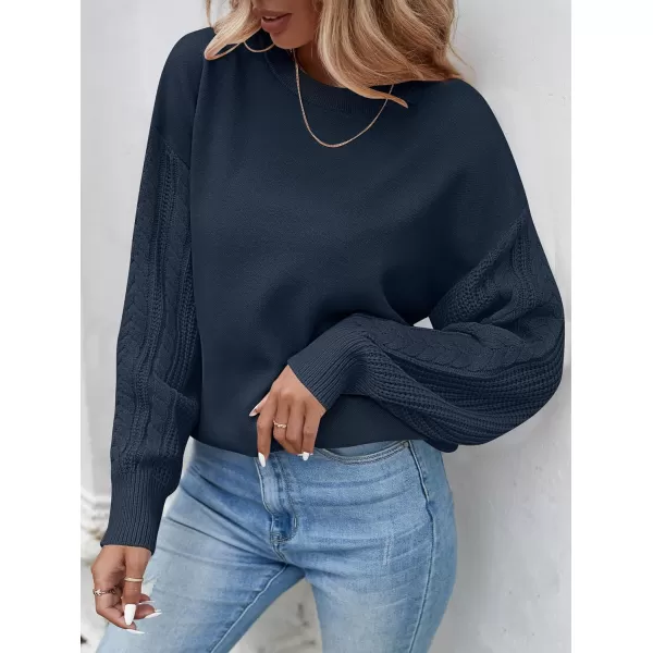 ZESICA Womens 2024 Fall Long Sleeve Crew Neck Solid Color Cable Knit Chunky Casual Oversized Pullover Sweater TopsNavy