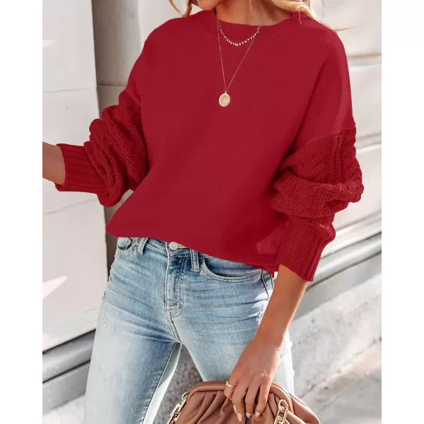 ZESICA Womens 2024 Fall Long Sleeve Crew Neck Solid Color Cable Knit Chunky Casual Oversized Pullover Sweater TopsRed