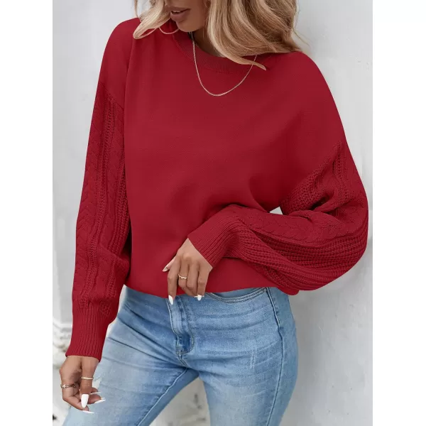 ZESICA Womens 2024 Fall Long Sleeve Crew Neck Solid Color Cable Knit Chunky Casual Oversized Pullover Sweater TopsRed