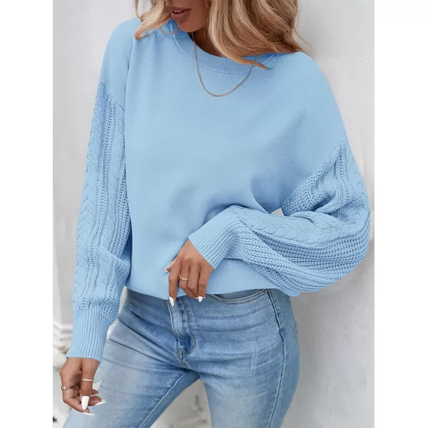 ZESICA Womens 2024 Fall Long Sleeve Crew Neck Solid Color Cable Knit Chunky Casual Oversized Pullover Sweater TopsSkyblue