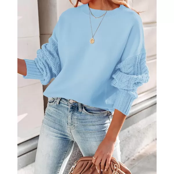 ZESICA Womens 2024 Fall Long Sleeve Crew Neck Solid Color Cable Knit Chunky Casual Oversized Pullover Sweater TopsSkyblue