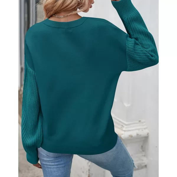 ZESICA Womens 2024 Fall Long Sleeve Crew Neck Solid Color Cable Knit Chunky Casual Oversized Pullover Sweater TopsTeal