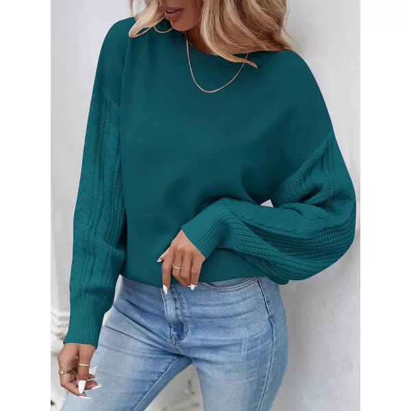 ZESICA Womens 2024 Fall Long Sleeve Crew Neck Solid Color Cable Knit Chunky Casual Oversized Pullover Sweater TopsTeal