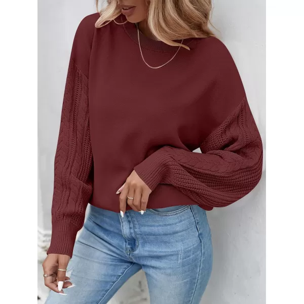 ZESICA Womens 2024 Fall Long Sleeve Crew Neck Solid Color Cable Knit Chunky Casual Oversized Pullover Sweater TopsWine