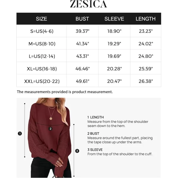 ZESICA Womens 2024 Fall Long Sleeve Crew Neck Solid Color Cable Knit Chunky Casual Oversized Pullover Sweater TopsWine