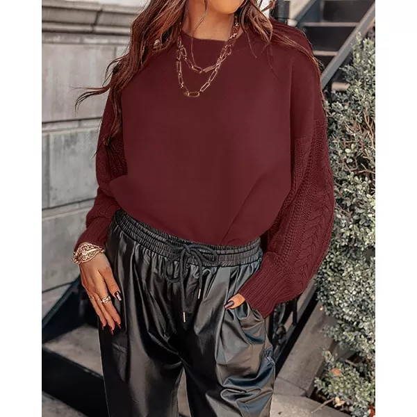 ZESICA Womens 2024 Fall Long Sleeve Crew Neck Solid Color Cable Knit Chunky Casual Oversized Pullover Sweater TopsWine