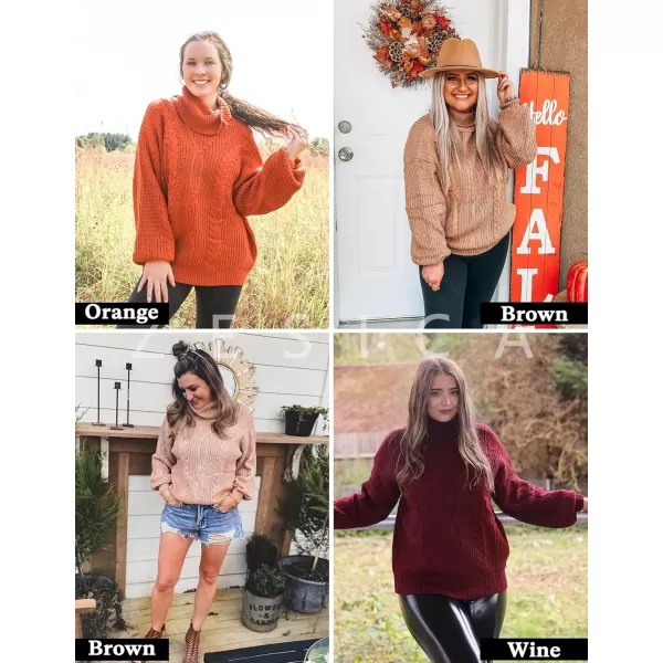 ZESICA Womens 2024 Fall Long Sleeve Turtleneck Chunky Knit Loose Oversized Sweater Pullover Jumper TopsBrown